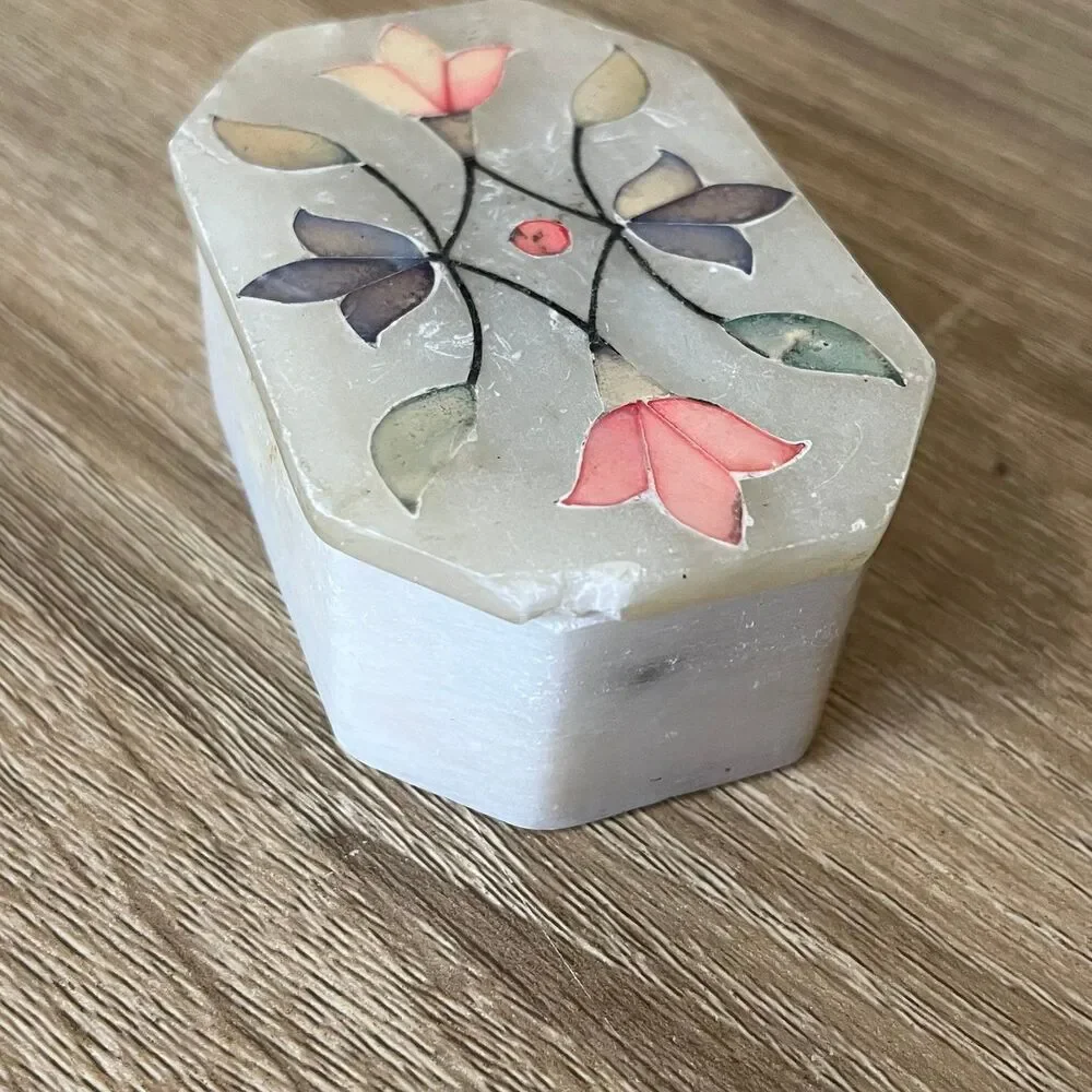 Vintage White Marble Trinket Jewelry Box Stone Inlay Floral Design